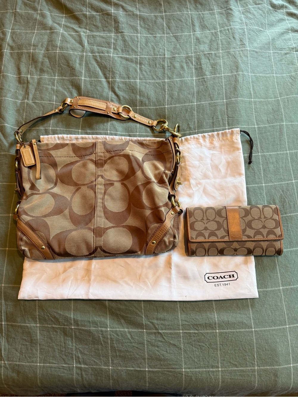 Coach Y2K Vintage Signature Carly Slim Bag and Wallet 12873 Khaki Tan Gold